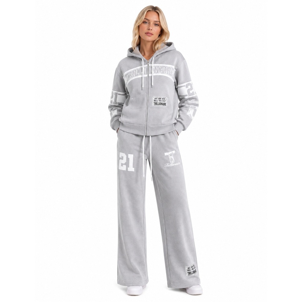 Trillionaire Women Tracksuit Gray Rhinestone Zip‎ Hoodie Wide Leg Sweatpants - S